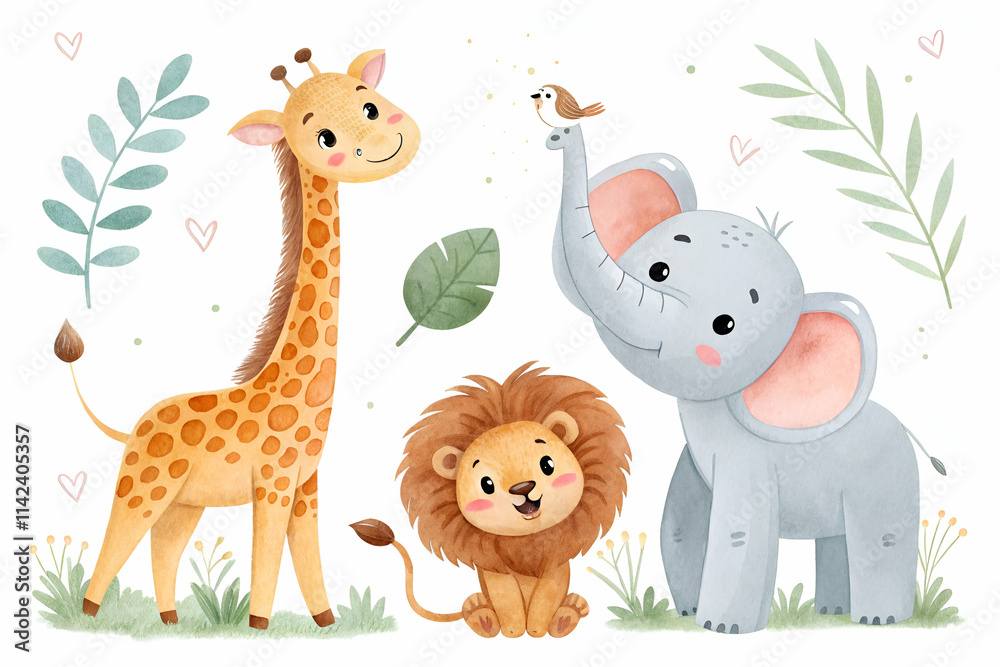 A playful illustration featuring a giraffe, lion, and elephant amidst greenery and whimsical details. A playful illustration featuring a giraffe, lion, and elephant amidst greenery and whimsical details.