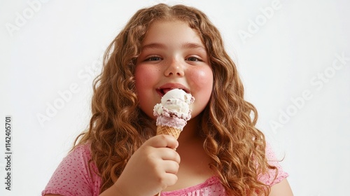 Chubby teenage girl eating ice cream on white background