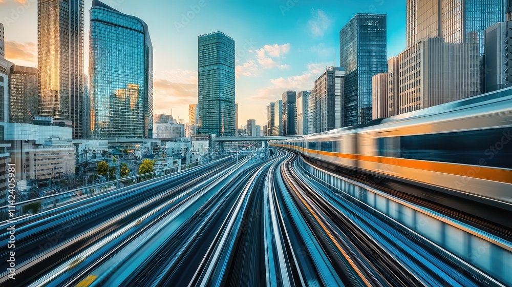 A high-speed rail system cutting through a modern cityscape, with elevated tracks and sleek trains in motion A high-speed rail system cutting through a modern cityscape, with elevated tracks and sleek trains in motion