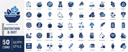 Nutrition and Diet Flat Icons set. Containing Icons: types of healthy and unhealthy foods, vitamins and minerals, and more. Vector Illustration