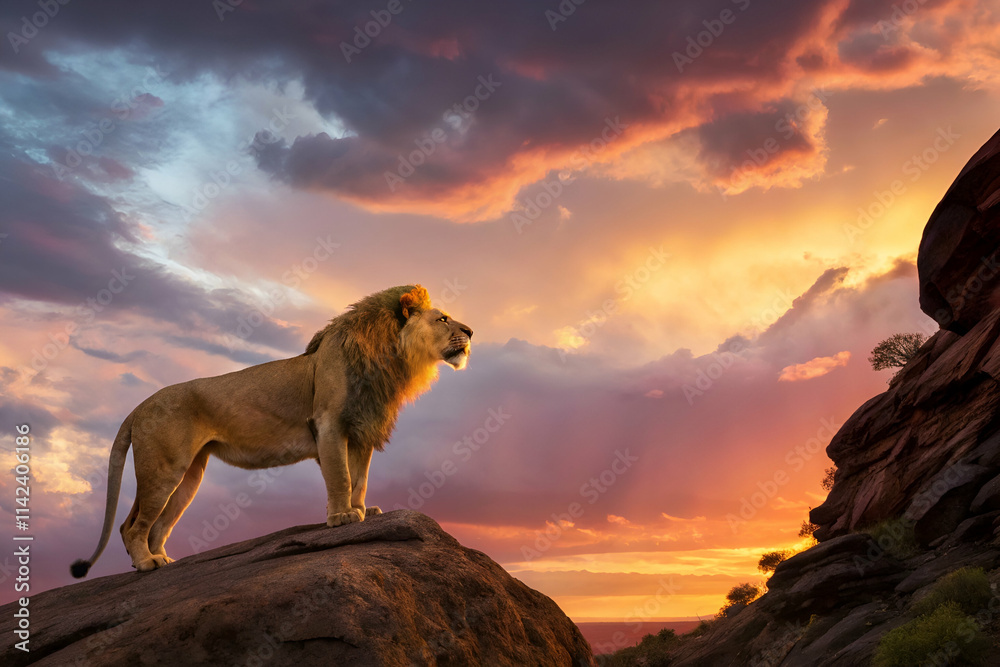 A majestic lion stands on a rock against a vibrant sunset, showcasing its strength and beauty in a stunning natural landscape. A majestic lion stands on a rock against a vibrant sunset, showcasing its strength and beauty in a stunning natural landscape.