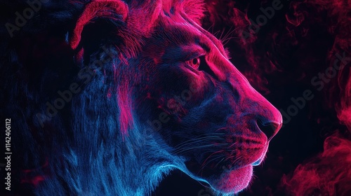 Majestic lion portrait with vibrant neon lighting. Generative AI image