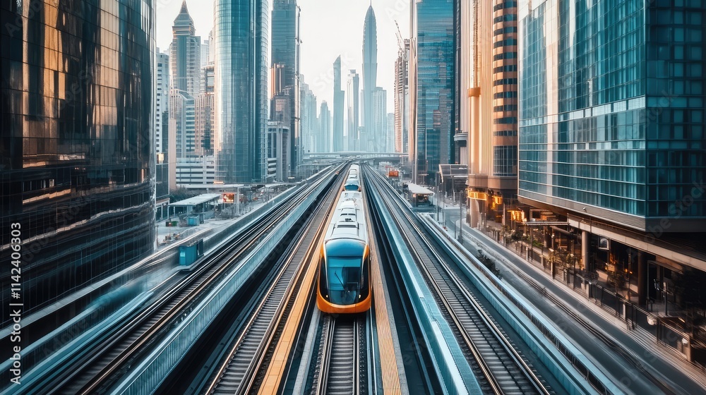 Obraz premium A high-speed rail system cutting through a modern cityscape, with elevated tracks and sleek trains in motion