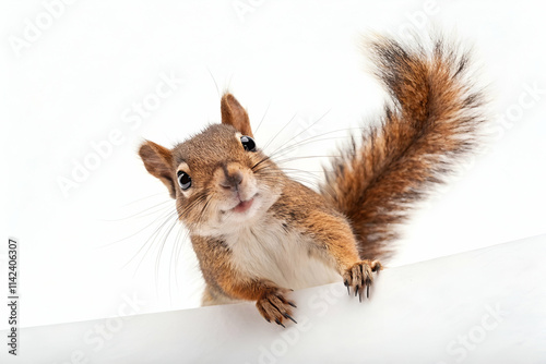 A curious squirrel peeks over a white surface, showcasing its fluffy tail and expressive face.