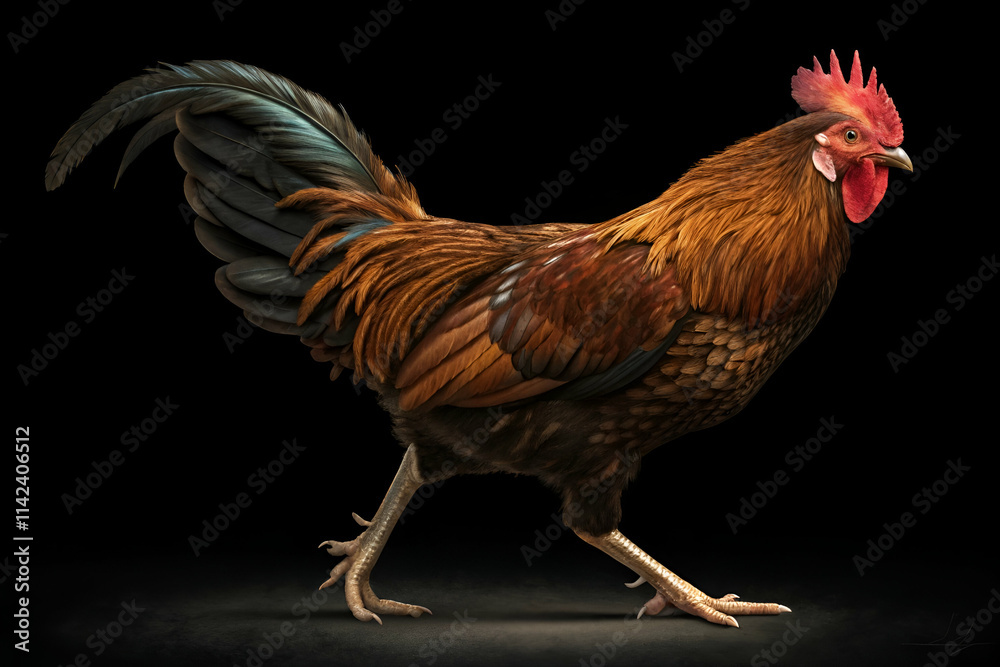 Fototapeta premium A colorful rooster stands confidently, showcasing its vibrant feathers and distinctive comb against a dark background.