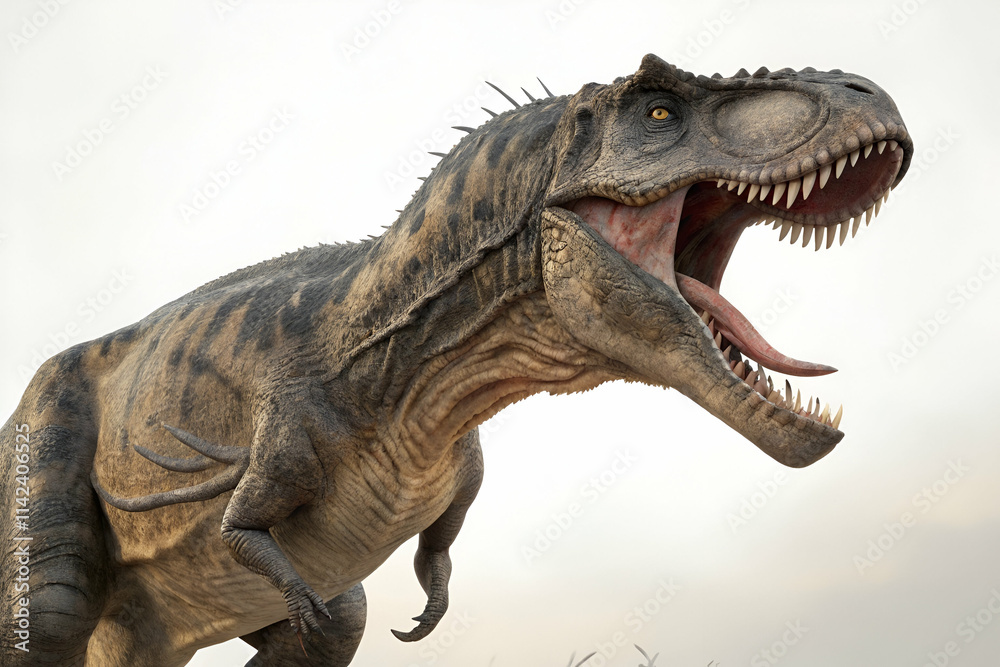 A roaring Tyrannosaurus rex stands menacingly, showcasing its powerful jaws and sharp teeth against a muted background. A roaring Tyrannosaurus rex stands menacingly, showcasing its powerful jaws and sharp teeth against a muted background.