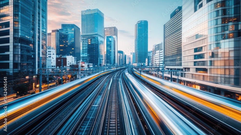 A high-speed rail system cutting through a modern cityscape, with elevated tracks and sleek trains in motion A high-speed rail system cutting through a modern cityscape, with elevated tracks and sleek trains in motion