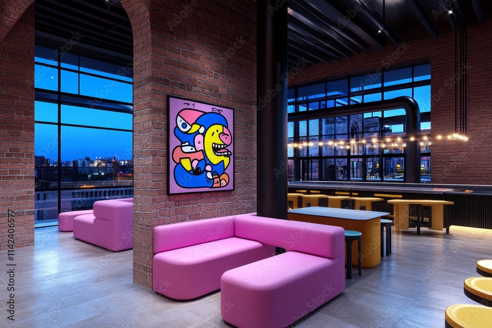 A 3D-rendered modern gallery wall with an intricate metallic frame displaying a dynamic digital art piece in vivid colors A 3D-rendered modern gallery wall with an intricate metallic frame displaying a dynamic digital art piece in vivid colors