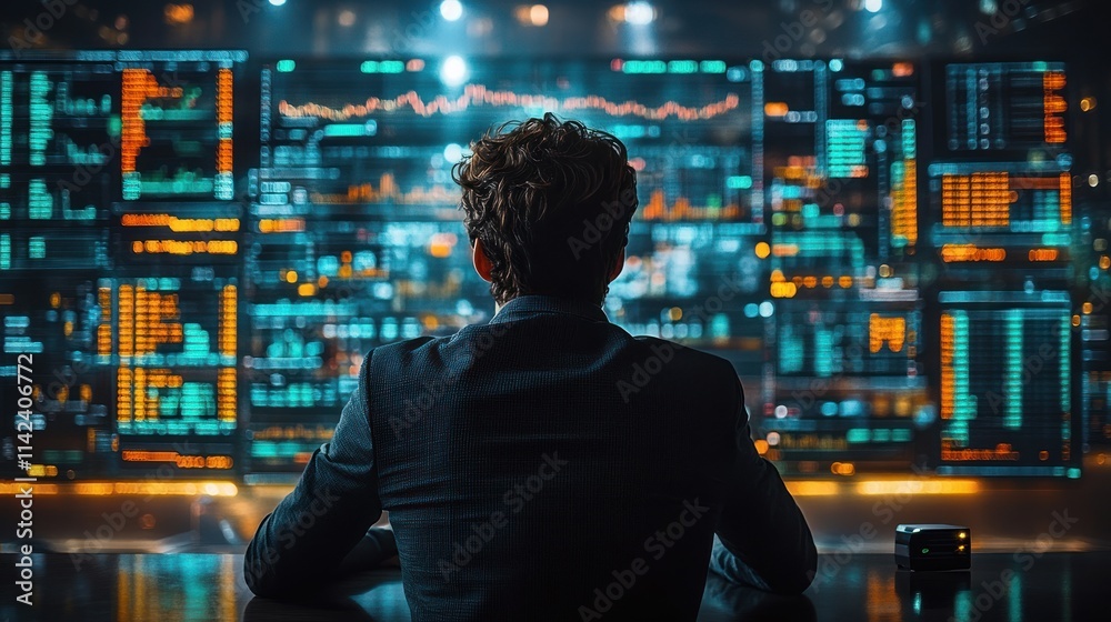 Person analyzing data in a high-tech environment. Person analyzing data in a high-tech environment.