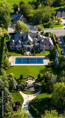 Aerial view of an elegant mansion with a pool and landscaped gardens.