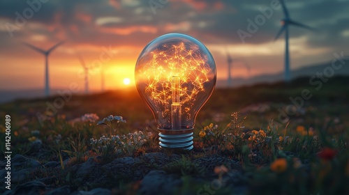 Illuminated light bulb with network lines in renewable energy field photo