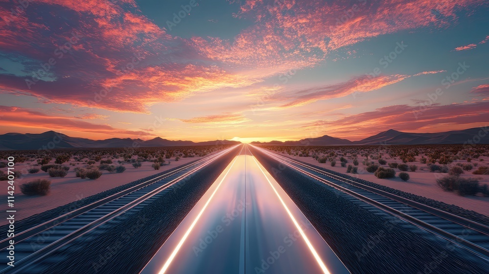 A high-speed rail system in the desert, with sleek tracks disappearing into the horizon under a vivid sunset sky A high-speed rail system in the desert, with sleek tracks disappearing into the horizon under a vivid sunset sky