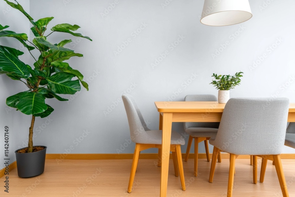 A Scandinavian-style dining room with light oak furniture, neutral-colored chairs, and greenery as decoration A Scandinavian-style dining room with light oak furniture, neutral-colored chairs, and greenery as decoration
