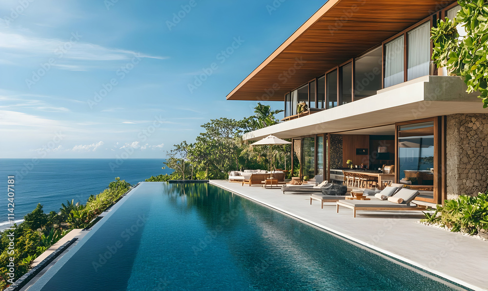 Fototapeta premium Modern villa with infinity pool overlooking the ocean in a tropical setting.