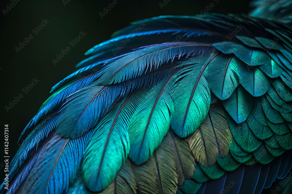 Fototapeta premium A vibrant close-up of iridescent bird feathers showcasing stunning shades of blue and green in a dark background.