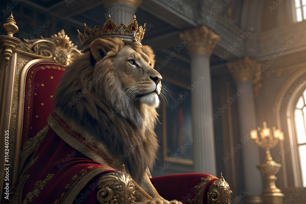A majestic lion wearing a crown sits regally on a throne, surrounded by opulent decor in a grand palace, exuding a sense of royalty and power. A majestic lion wearing a crown sits regally on a throne, surrounded by opulent decor in a grand palace, exuding a sense of royalty and power.