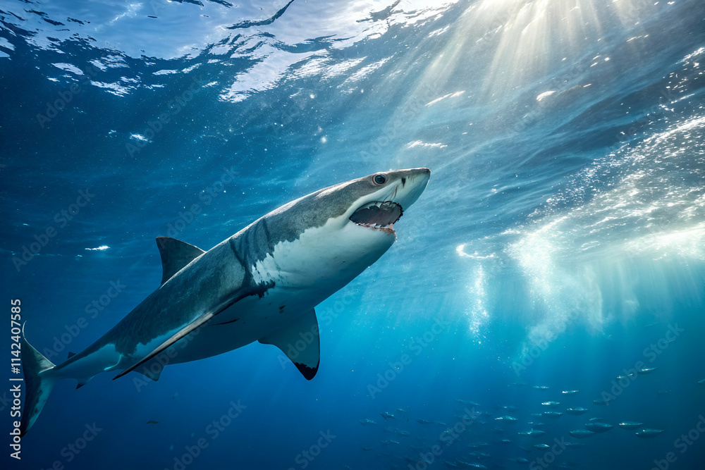 Obraz premium A majestic shark swims gracefully beneath the ocean surface, illuminated by rays of sunlight filtering through the water.