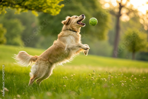 A joyful golden retriever leaps in a sunlit field to catch a green ball, showcasing playful energy and a vibrant outdoor atmosphere.