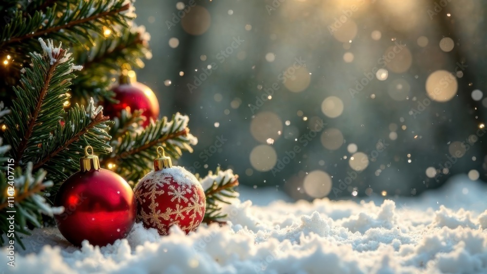 Snowy Christmas Background mockup, red ball on tree, nature snowflakes and magic golden bokeh lights with copy space, snow winter scene for greeting card, banner, product or advertisement, close up Snowy Christmas Background mockup, red ball on tree, nature snowflakes and magic golden bokeh lights with copy space, snow winter scene for greeting card, banner, product or advertisement, close up