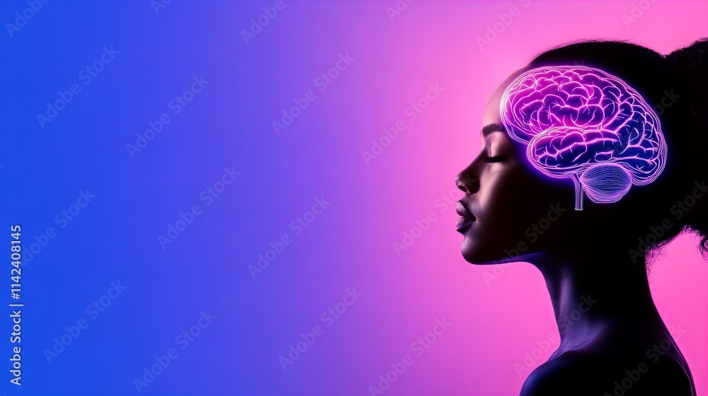 Serene young Black woman in profile view, eyes closed, with a glowing brain overlay. Purple and pink background. Serene young Black woman in profile view, eyes closed, with a glowing brain overlay. Purple and pink background.