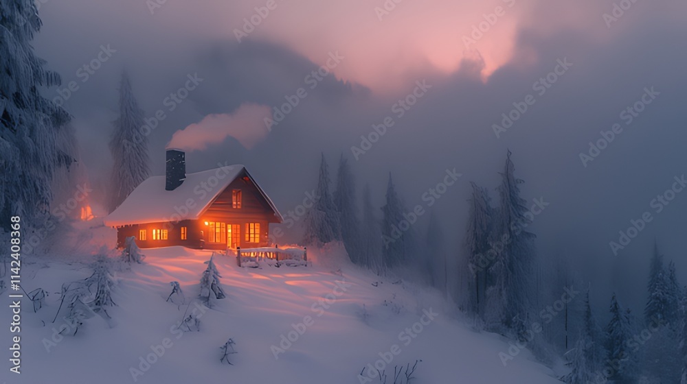 Cozy cabin nestled in snowy mountain landscape at dusk, illuminated from within. Cozy cabin nestled in snowy mountain landscape at dusk, illuminated from within.