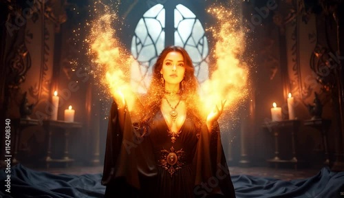 Enchanting sorceress conjures fire in a dark fairytale setting surrounded by candles