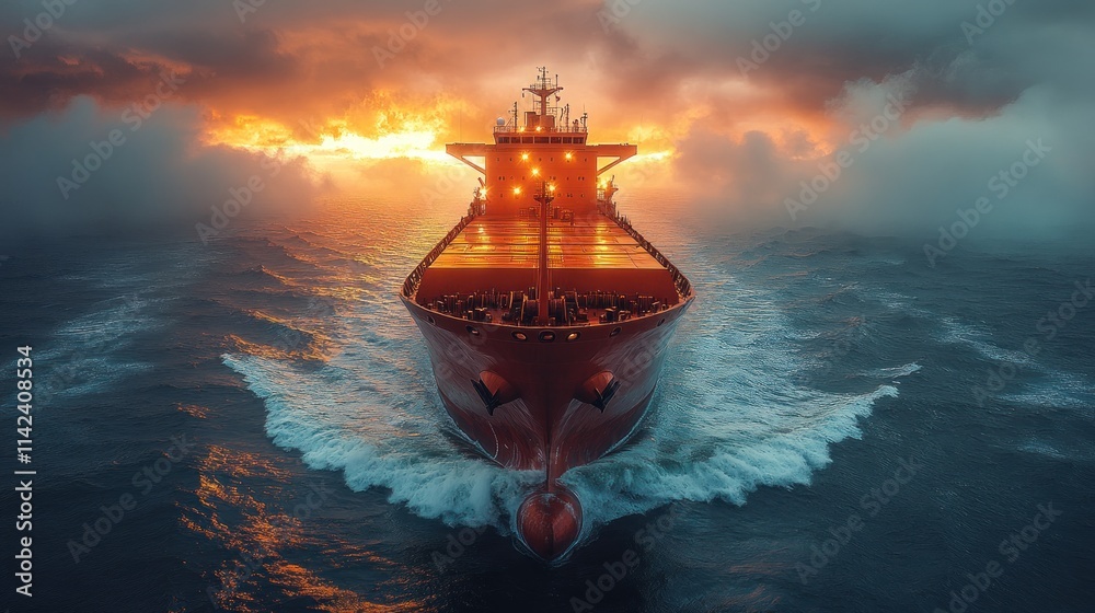 Fototapeta premium Cargo ship navigating through stormy waters at sunset.