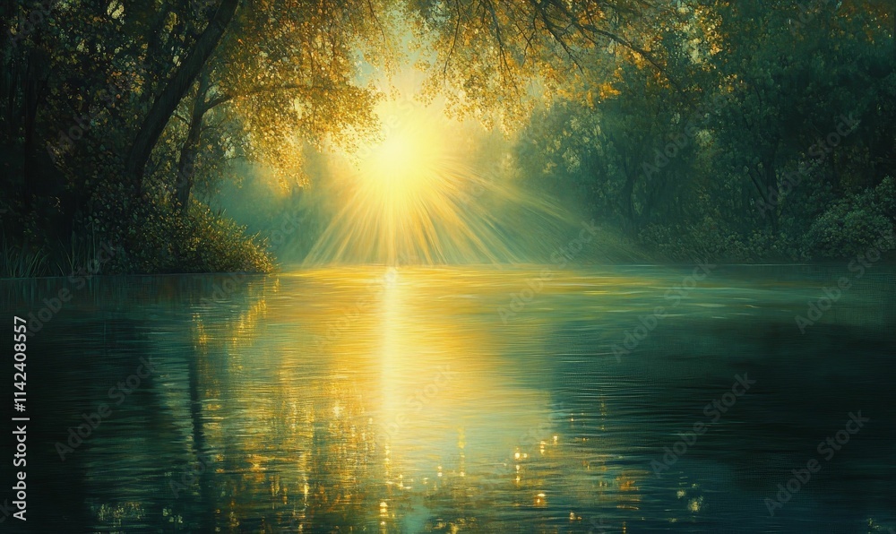 Fototapeta premium Sun rays illuminate tranquil river, autumn foliage.