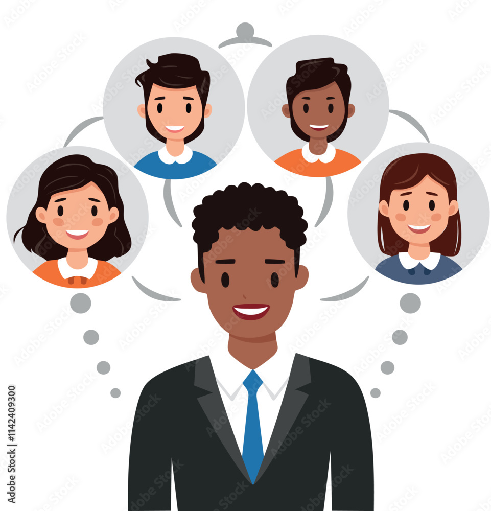 People icons with dialog speech bubbles. New creative projects concept. Vector illustration. Cartoon Male boss thinks about his colleagues, colleagues think about each other People icons with dialog speech bubbles. New creative projects concept. Vector illustration. Cartoon Male boss thinks about his colleagues, colleagues think about each other