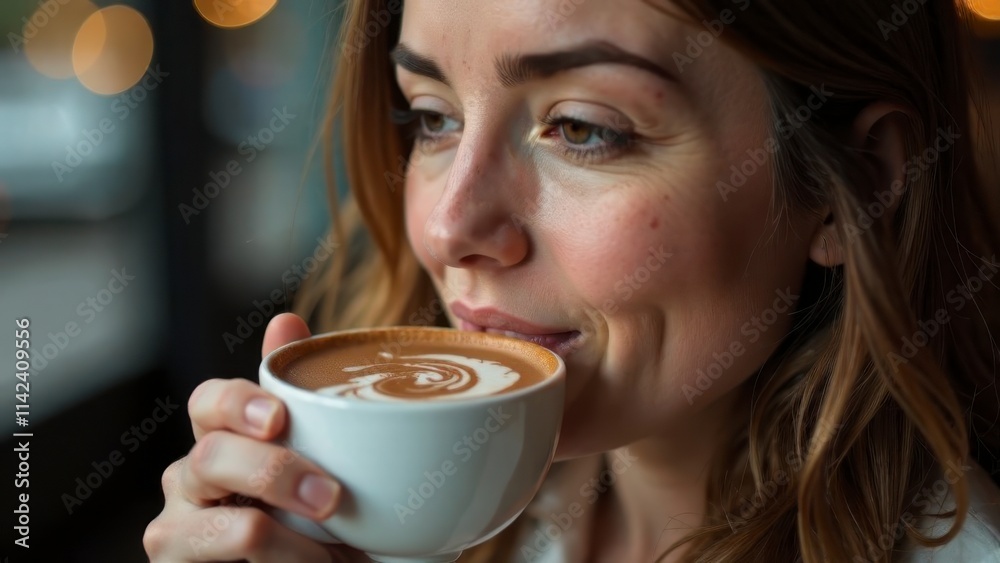 Portrait of beautiful smiling American woman, Beauty face of European female, drinking cup of hot chocolate or coffee in cafe Portrait of beautiful smiling American woman, Beauty face of European female, drinking cup of hot chocolate or coffee in cafe
