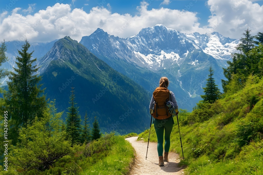 A hiker walking on a scenic mountain trail under a summer sky A hiker walking on a scenic mountain trail under a summer sky