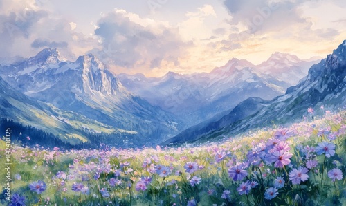 Watercolor Purple flowers on a mountain meadow, view over Saentis mountains into the valley of Meglisalp at sunrise, Saentis, Appenzell Ausserrhoden, Appenzell Alps, Switzerland, Europe photo