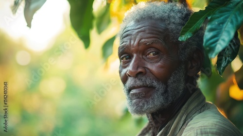 Coffee farmer working in shade-grown plantation