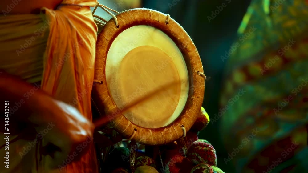 Close-up Tabla: traditional Indian drum made of leather and wood - musician plays stick on round drum during street performance in Mysore, India.