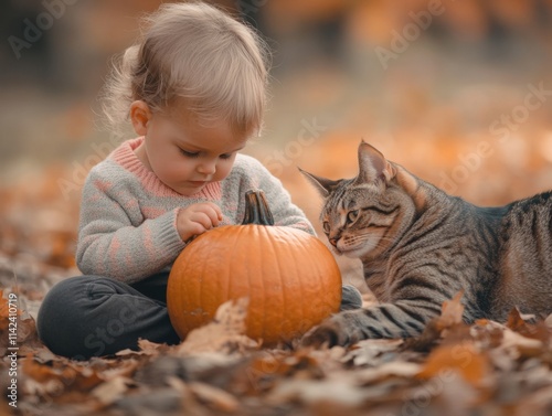 a child and a cat with a pumpkin in autumn leaves