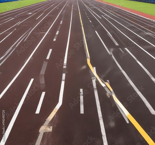 Running track with rubberized surface and lane markers at a modern stadium, lane markers, athletics photo