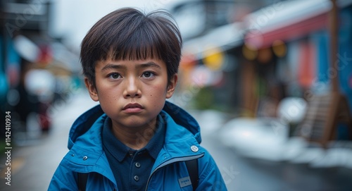 Asian kid serious wearing blue jacket looking on camera