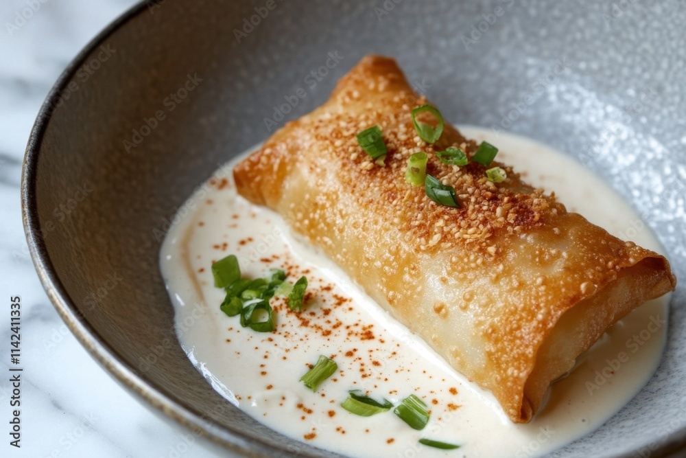 Crispy Fried Pastry Served With Creamy Sauce And Greenery Crispy Fried Pastry Served With Creamy Sauce And Greenery