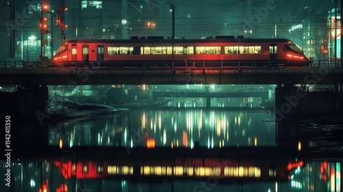 A high-speed train crossing a bridge in the city at night, with reflections of the train and streetlights shimmering on the water below