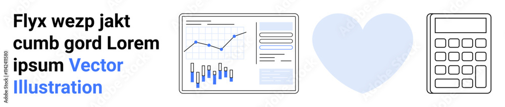 Text placeholder, analytics dashboard with bar and line chart, blue heart shape, and calculator. Ideal for business, finance, data visualization, love, analytics, statistics, web elements. Landing Text placeholder, analytics dashboard with bar and line chart, blue heart shape, and calculator. Ideal for business, finance, data visualization, love, analytics, statistics, web elements. Landing
