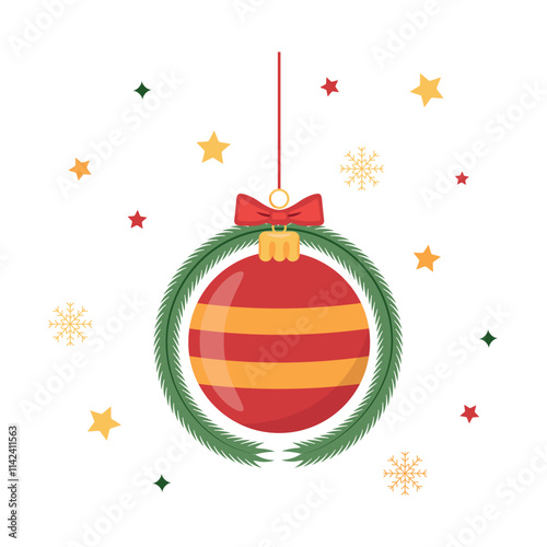 Cartoon New Year toy with a Christmas tree wreath on a white background with stars and snowflakes