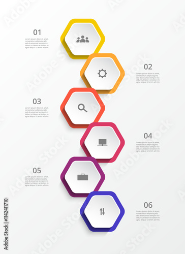 Step by step vertical infographic template with 6 steps, options, parts or processes.