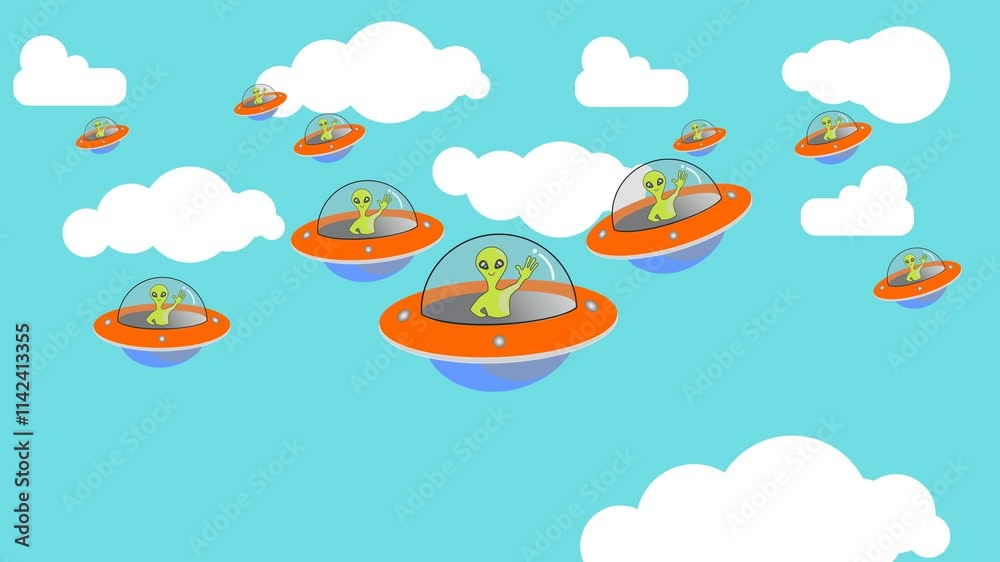 Animation of a green alien waving from a UFO in a clear blue sky. White clouds move, creating a cheerful atmosphere. Ideal for creative children's animation projects, fantasy or science fiction. Animation of a green alien waving from a UFO in a clear blue sky. White clouds move, creating a cheerful atmosphere. Ideal for creative children's animation projects, fantasy or science fiction.