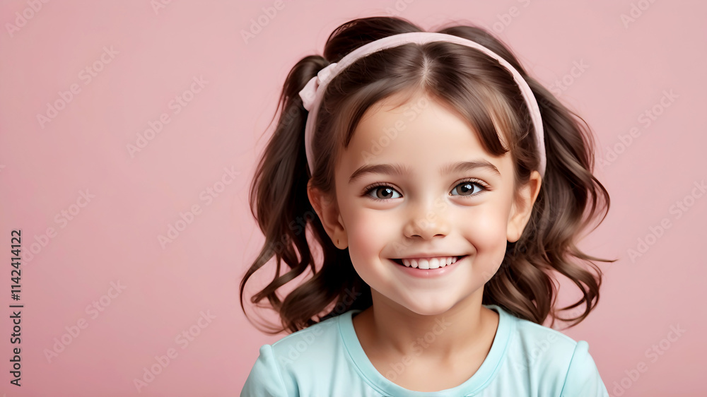 front view close-up Portrait of Cute Smiling Child Girl Over Pastel Pink Background with Copy Space front view close-up Portrait of Cute Smiling Child Girl Over Pastel Pink Background with Copy Space