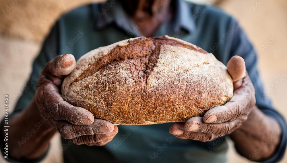 an elderly man holding a rustic loaf of bread with a golden-brown crust and a natural texture, emphasizing a sense of tradition and craftsmanship. an elderly man holding a rustic loaf of bread with a golden-brown crust and a natural texture, emphasizing a sense of tradition and craftsmanship.