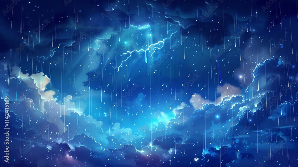 A vector illustration of autumn rain and thunderclouds during a stormy night with dramatic lightning bolts, capturing the essence of fall weather, perfect for a weather-themed design. A vector illustration of autumn rain and thunderclouds during a stormy night with dramatic lightning bolts, capturing the essence of fall weather, perfect for a weather-themed design.