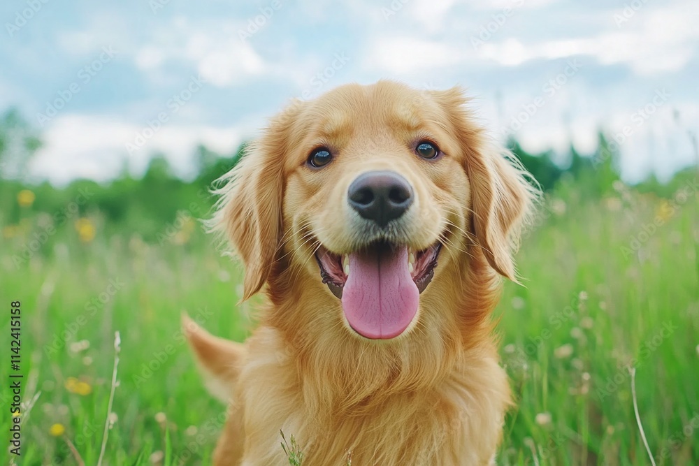 Obraz premium A dog running freely in a grassy meadow, its tongue out and tail wagging joyfully