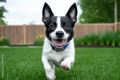 A dog chasing a frisbee in a park, with its ears flapping and pure joy on its face photo