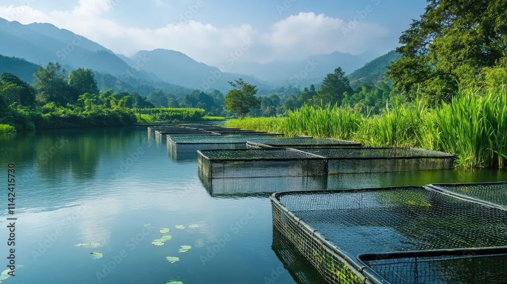 A tranquil river landscape with fish-raising cages, representing eco-friendly aquaculture, with plenty of space for text on the side A tranquil river landscape with fish-raising cages, representing eco-friendly aquaculture, with plenty of space for text on the side