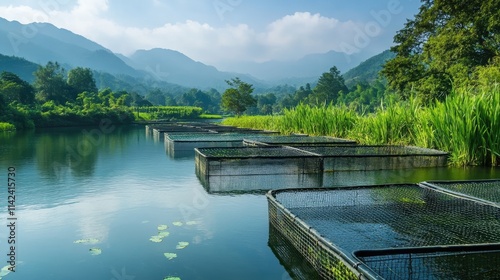 A tranquil river landscape with fish-raising cages, representing eco-friendly aquaculture, with plenty of space for text on the side